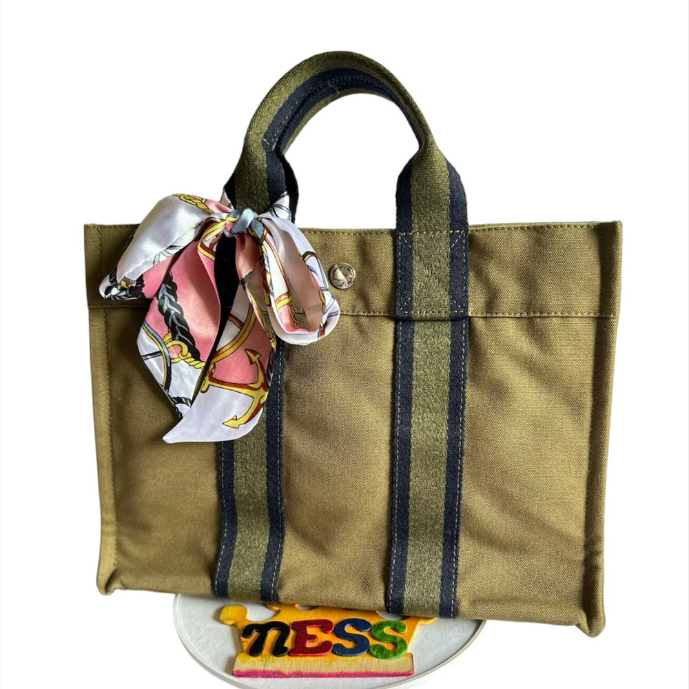 Vintage HERMES Fourre Tout PM Canvas Tote Bag, Hand Bag Olive Green Authentic